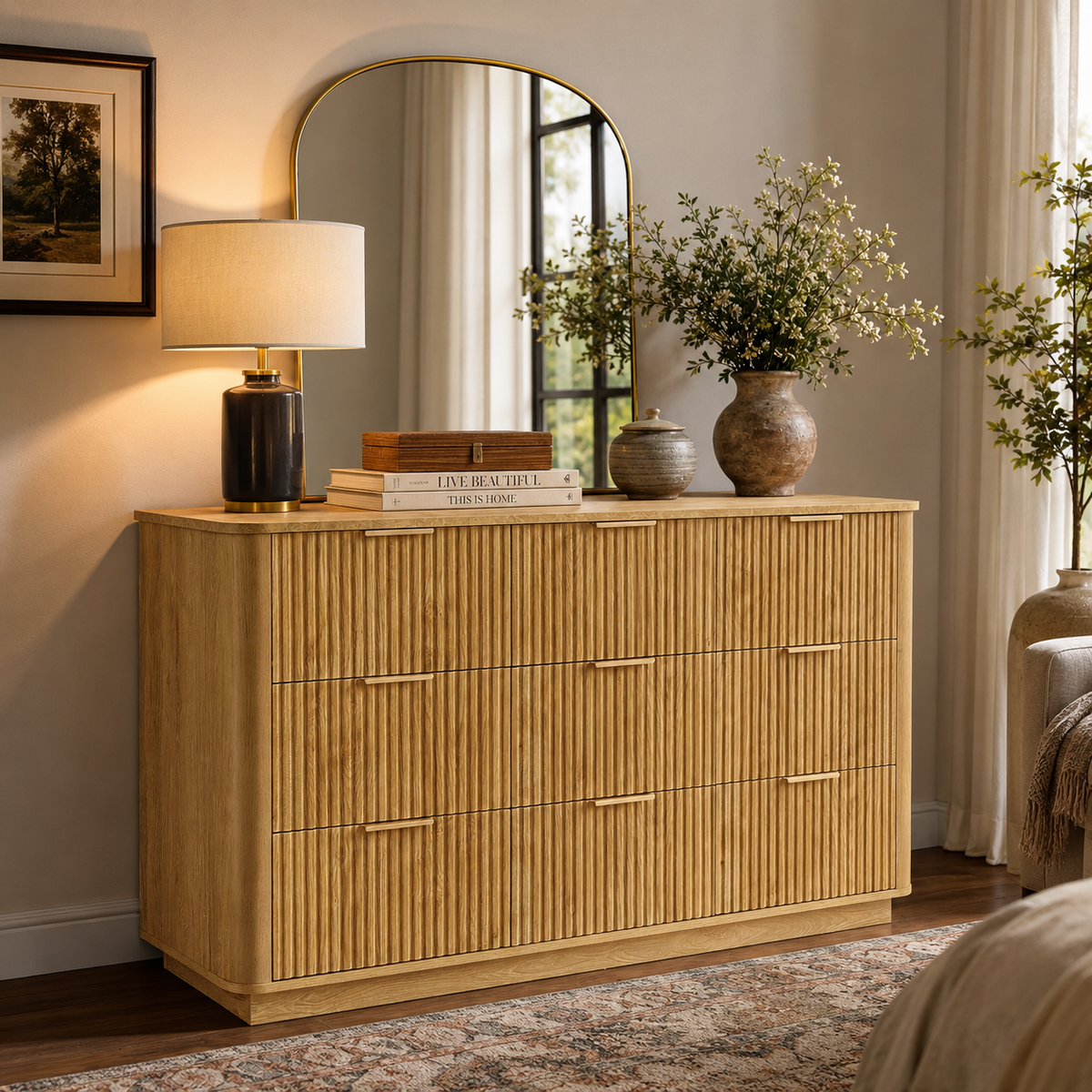 Wetalus 55.1" Mid Century Modern 9 Drawer Dresser, Recessed Design,Oak