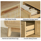 Oak Rattan Bedroom Furniture Set, 3-Piece Boho Set with 9-Drawer Dresser & Nightstands