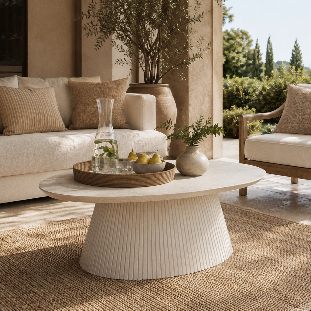 Wetalus 47.2" Mid Century Modern Oval Coffee Table with Faux Stone Veneer, Fluted Base,Stone