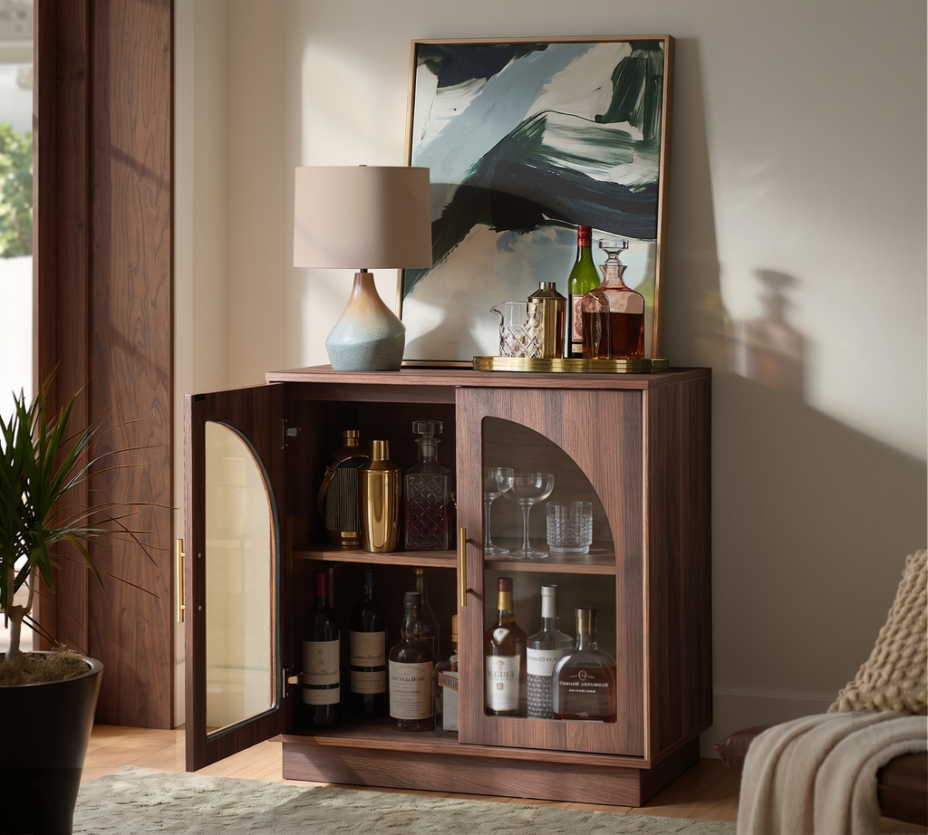 Wetalus 31.5" Sideboard Buffet Cabinet with Arched Glass Doors, Adjustable Divider, Walnut