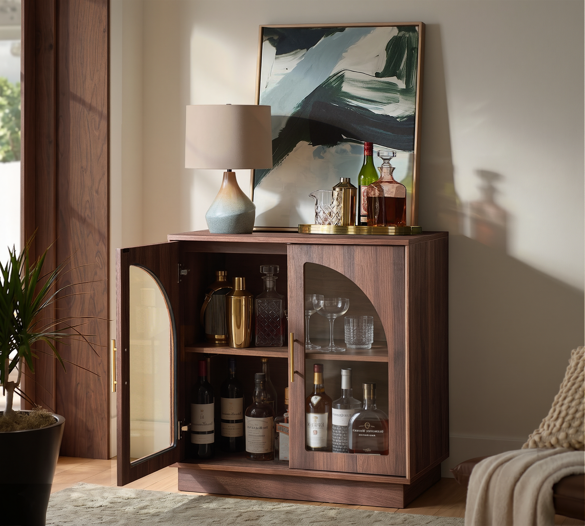 Wetalus 31.5" Sideboard Buffet Cabinet with Arched Glass Doors, Adjustable Divider, Walnut