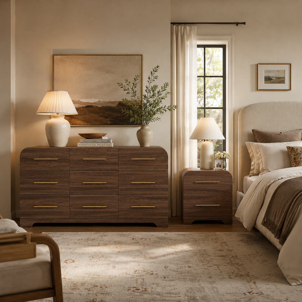 Wetalus 63" Mid Century Modern 9 Drawer Dresser, Curved side,Walnut