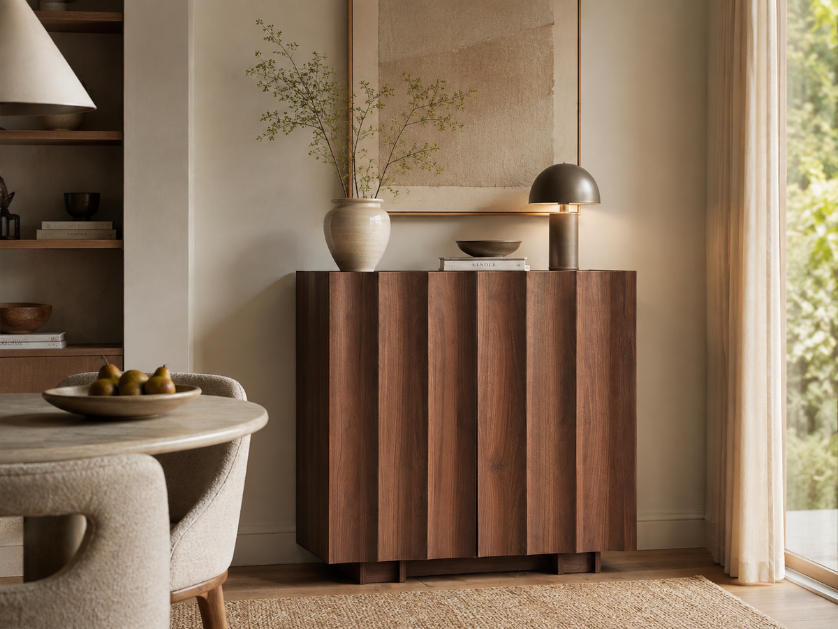 Wetalus 30.8"Mid Century Modern Sideboard Buffet Cabinet with Wave Design, Adjustable Shelves, Wood Grain Finish, Walnut