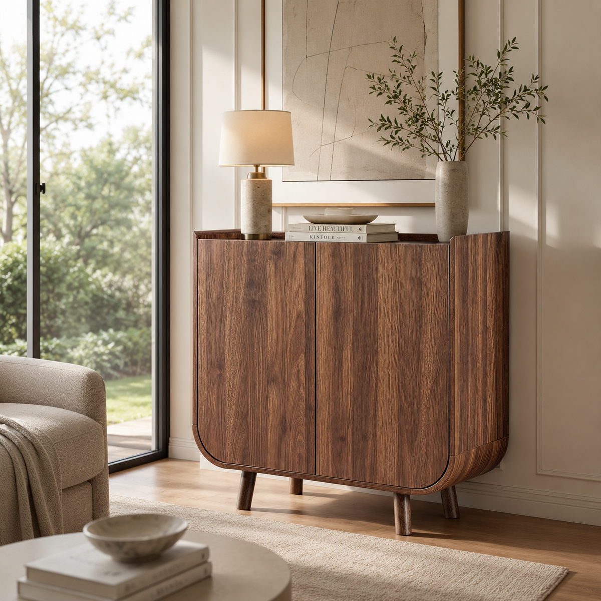 Wetalus Sideboard Buffet Cabinet Mid Century Modern U-Shape Design Adjustable Shelves Wood Grain Finish Walnut 1-Count 32.2 Inch Width