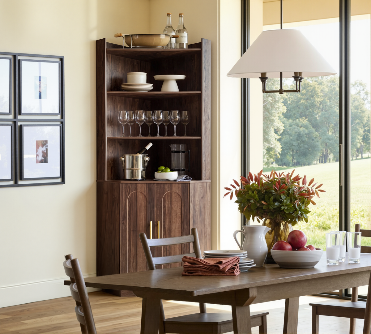 Wetalus 71" Corner Cabinet with Storage, Mid Century Modern, Arched Doors, Walnut