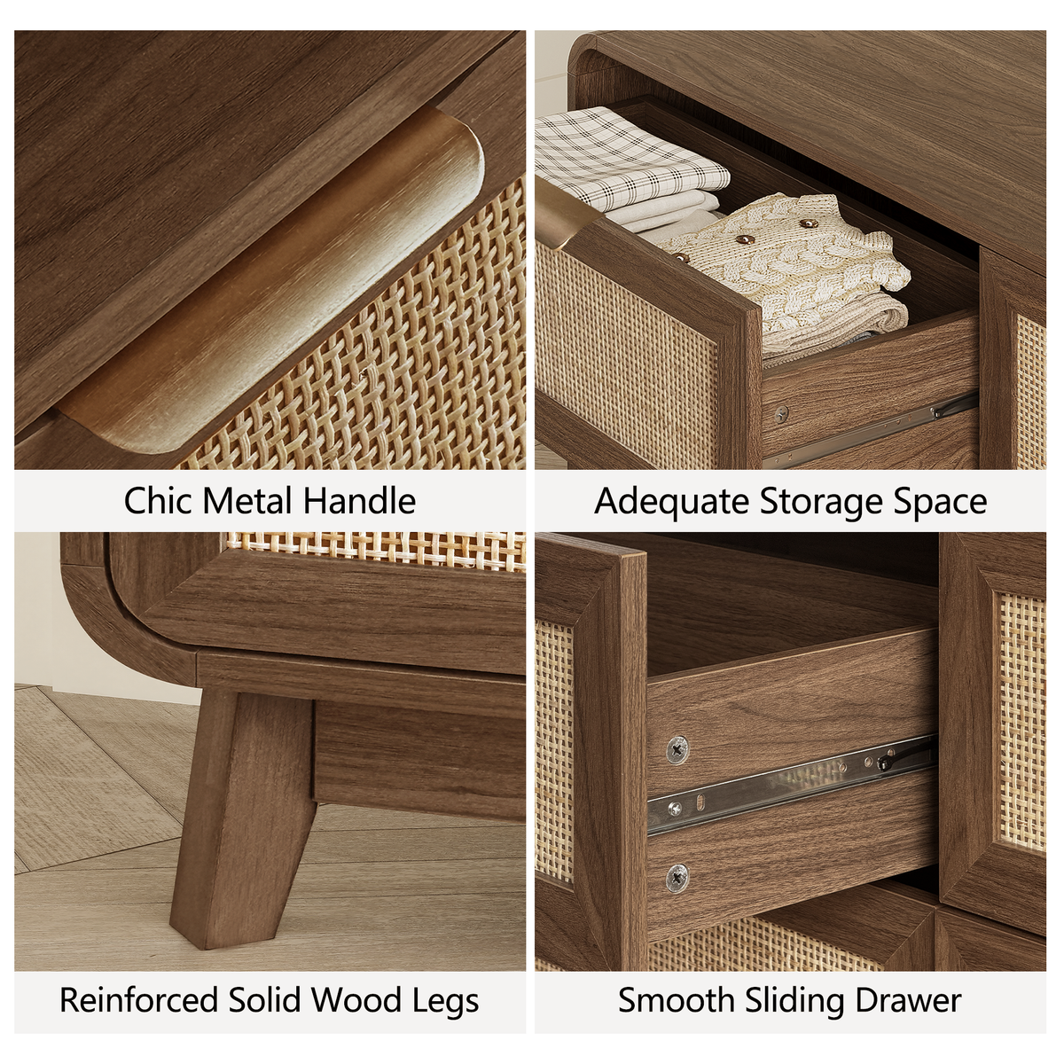 Walnut Rattan Bedroom Furniture Set, 3-Piece Boho Set with 9-Drawer Dresser and Charging Station Nightstands