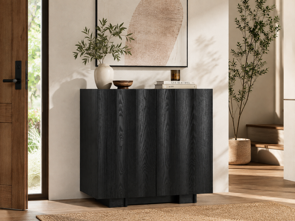 Wetalus 30.8"Mid Century Modern Sideboard Buffet Cabinet with Wave Design, Adjustable Shelves, Wood Grain Finish, Black