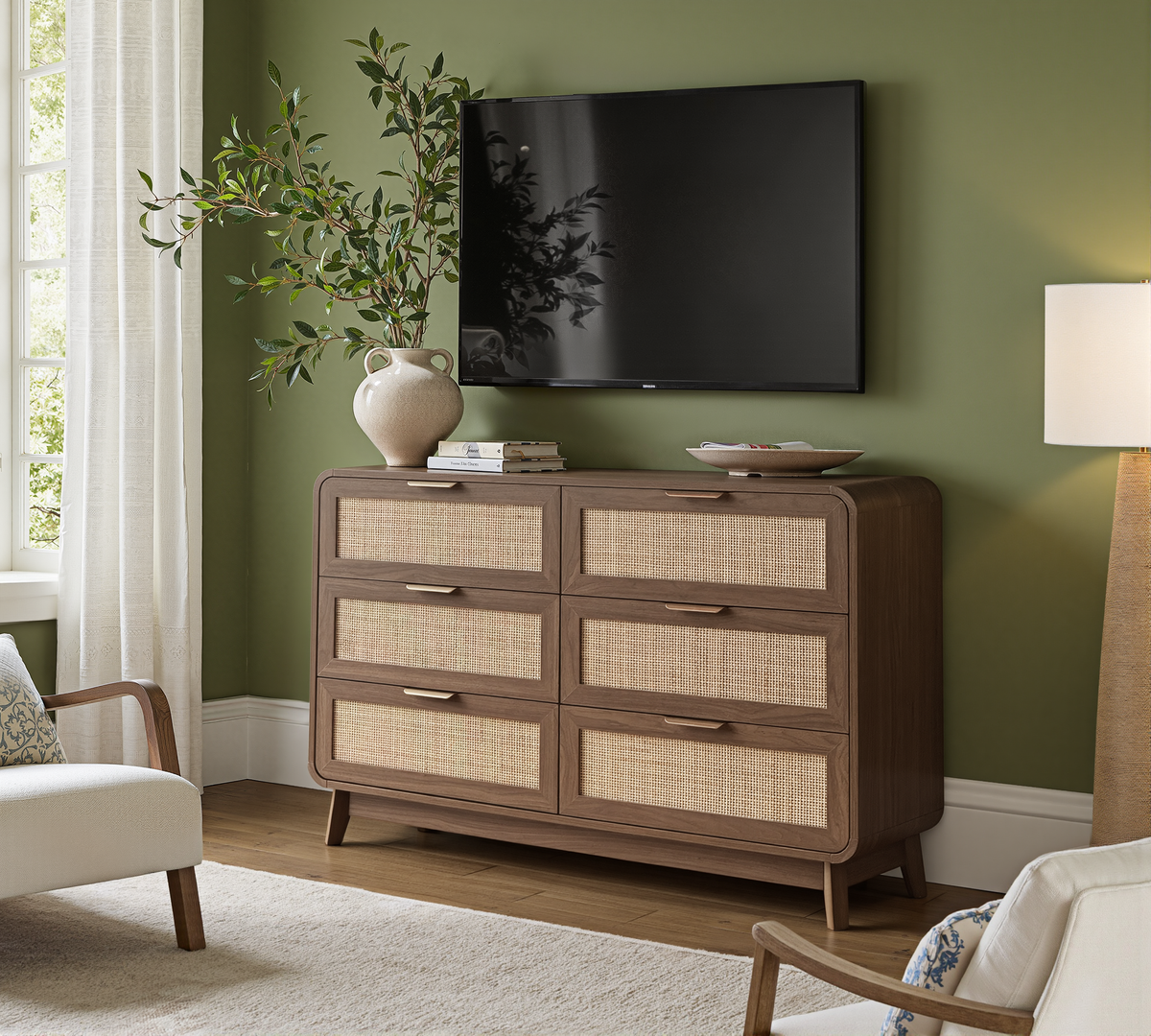 Walnut Rattan 6 Drawer dresser – Boho chic dresser