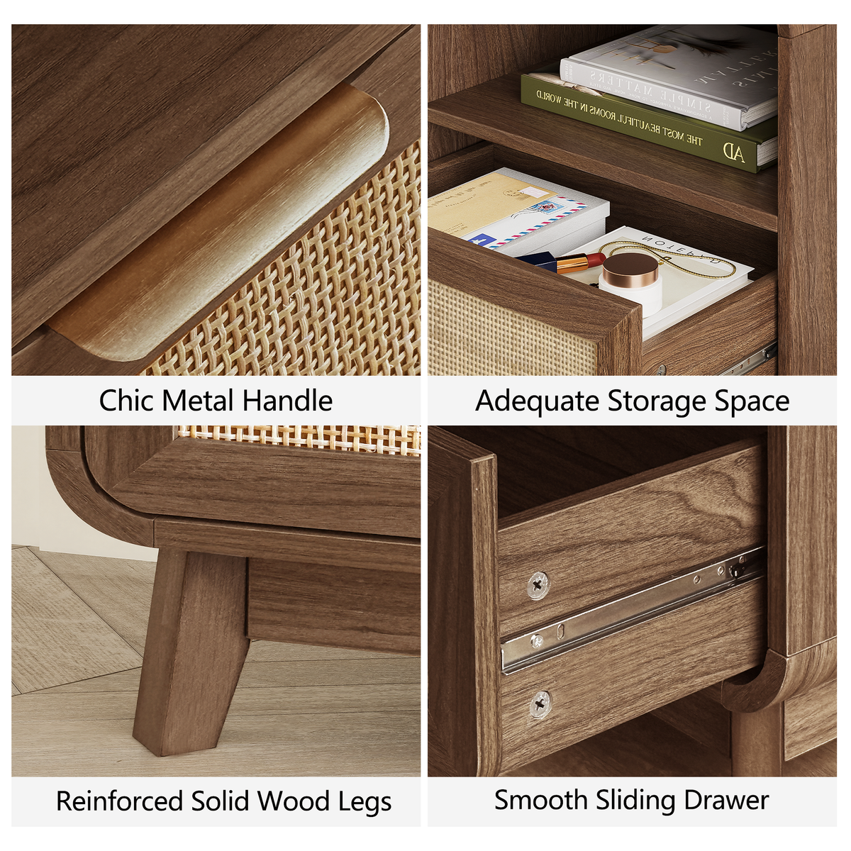 Walnut Rattan Nightstand – Boho Bedside Table with Drawer