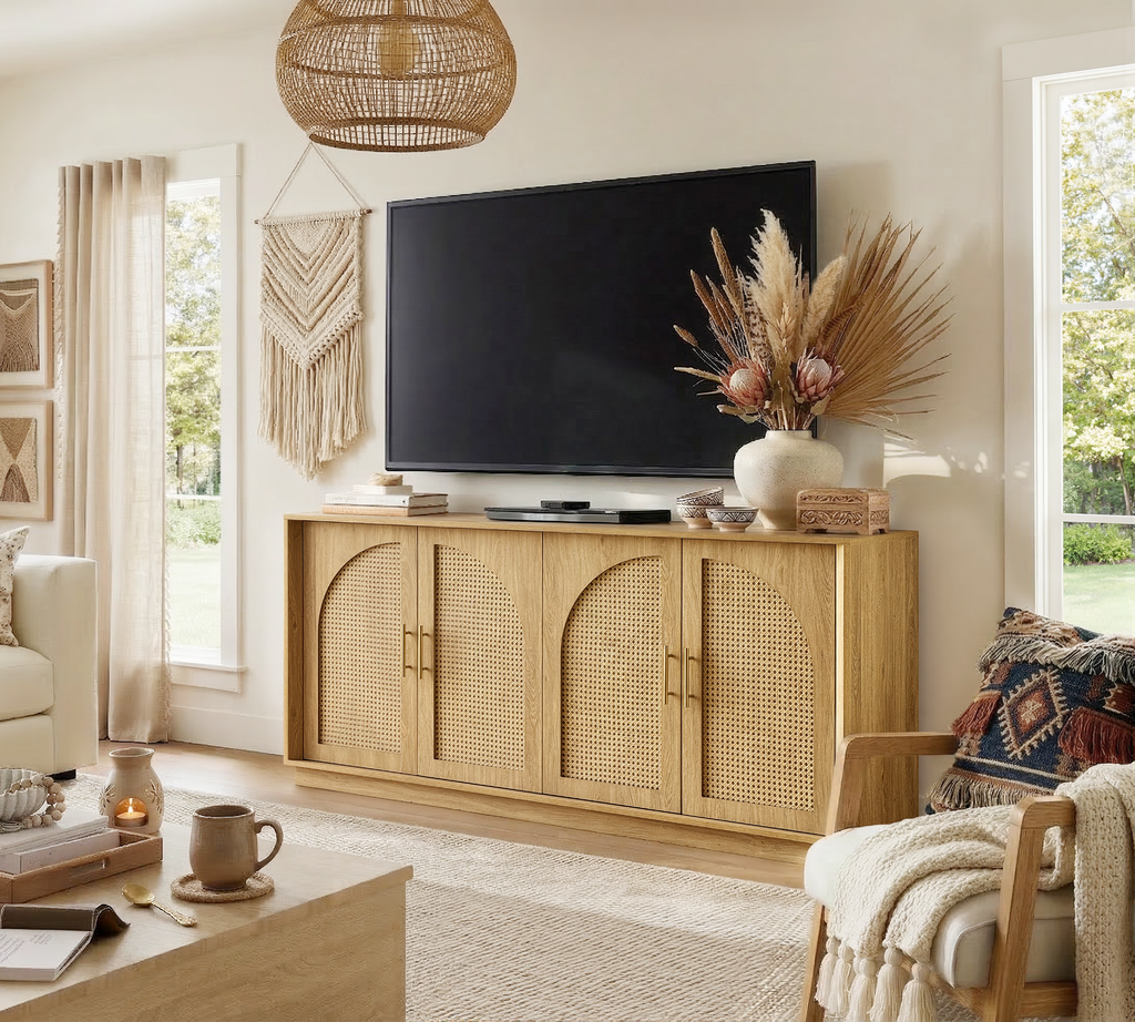 63" 4 Rattan Sideboard - Oak Natural for Dining Room & Living Room