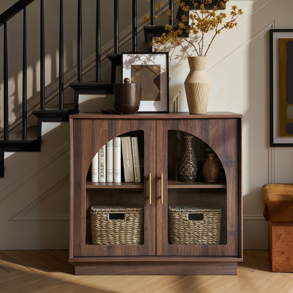 Wetalus 31.5" Sideboard Buffet Cabinet with Arched Glass Doors, Adjustable Divider, Walnut