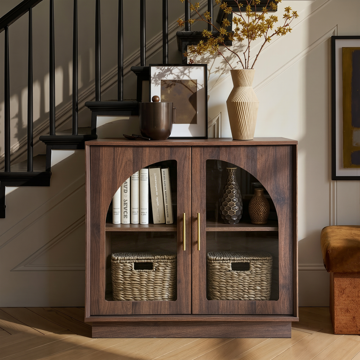 Wetalus 31.5" Sideboard Buffet Cabinet with Arched Glass Doors, Adjustable Divider, Walnut