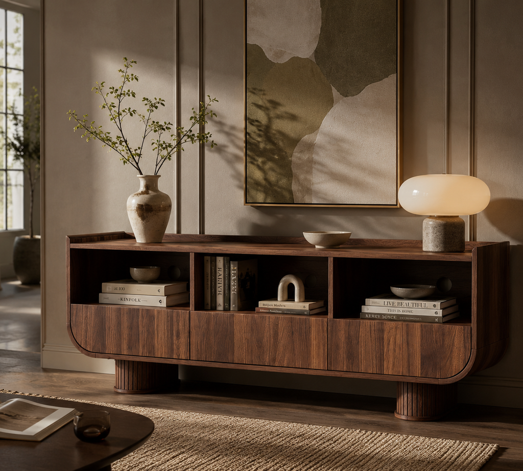 Wetalus 59" TV Stand for 65" TV, 3 Drawers, U-Shaped, Fluted Base, Walnut