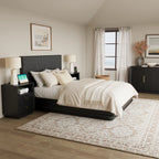 Wetalus Mid-Century Black Wood Arch Nightstand with Drawers