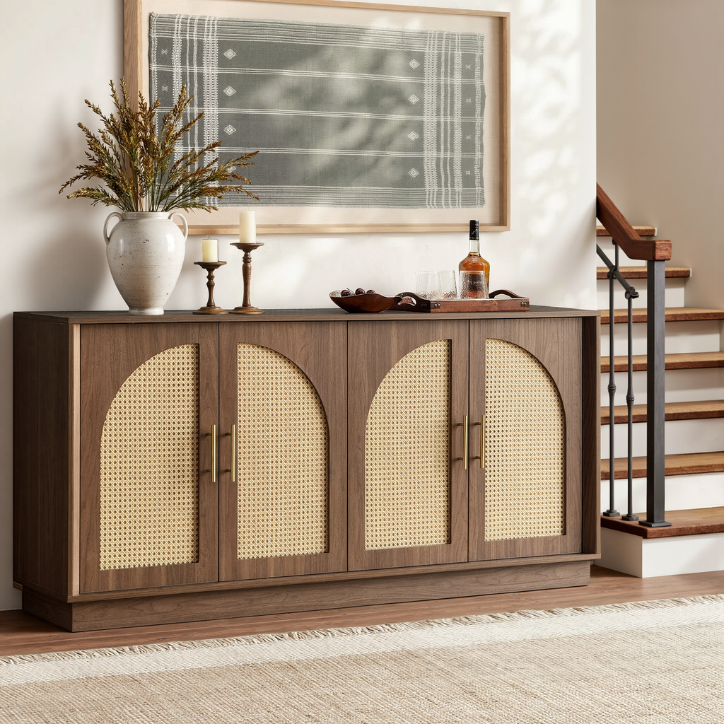 63" 4 Rattan Sideboard - Walnut Natural for Dining Room & Living Room
