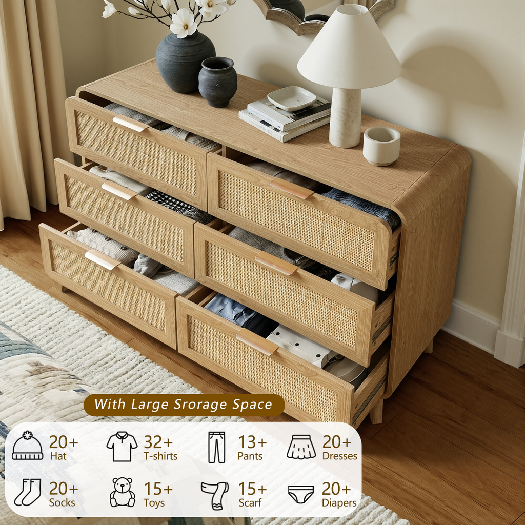 Oak Rattan 6 Drawer dresser –Boho chic dresser