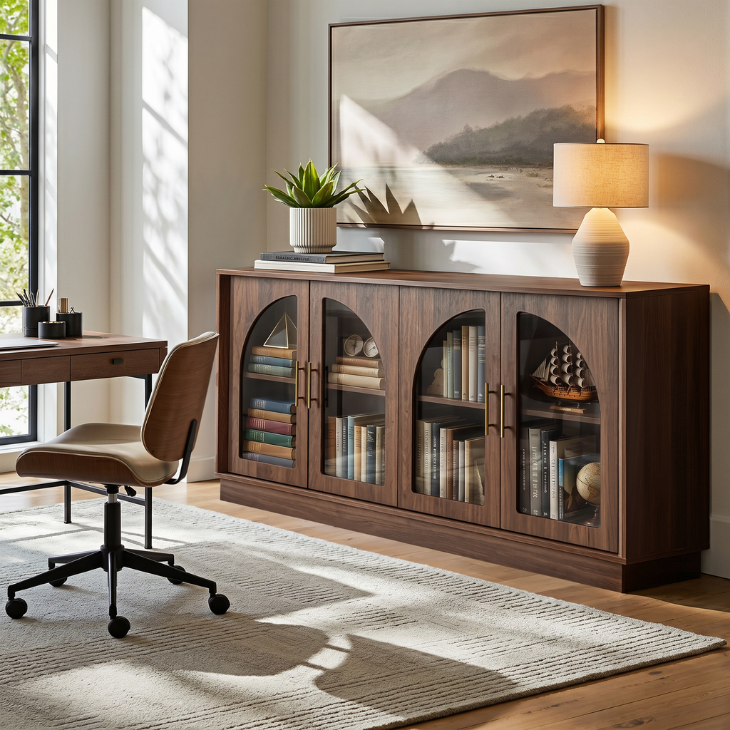 Wetalus 64.1" Sideboard Buffet Cabinet with Arched Glass Doors,1 Adjustable Divider, Walnut