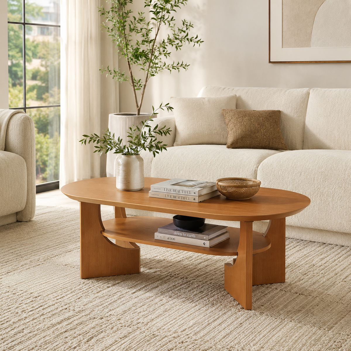 Wetalus 47" Mid Century Coffee Table Oval 2-Tier,Cherry