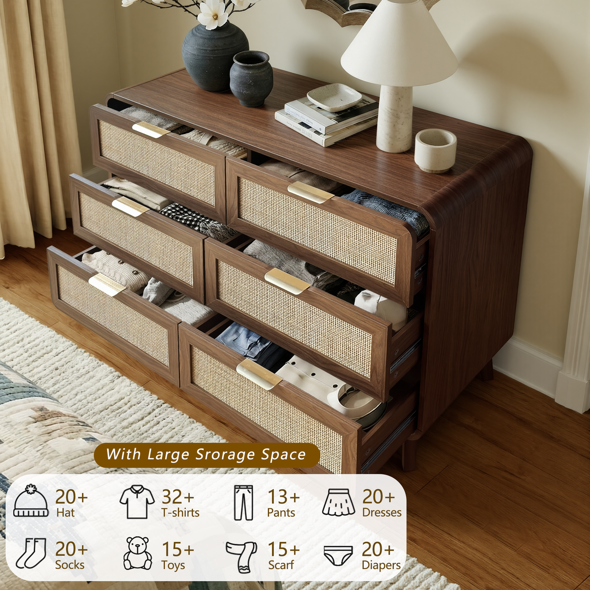 Walnut Rattan 6 Drawer dresser – Boho chic dresser