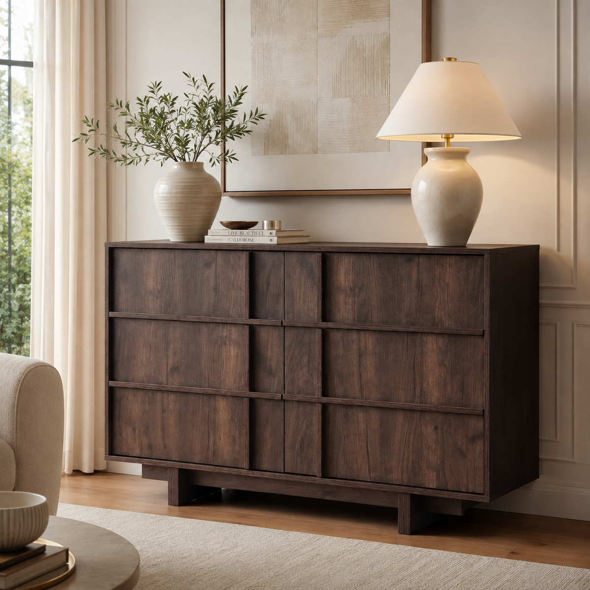 Wetalus 47" Mid Century Modern 6 Drawer Dresser, Skeleton Line, Walnut