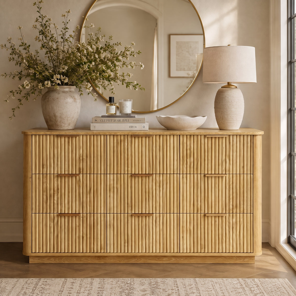 Wetalus 55.1" Mid Century Modern 9 Drawer Dresser, Recessed Design,Oak