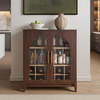 Walnut Wine Bar Cabinet with Glass Doors & Wine Rack – Mid Century Modern Liquor Sideboard with Storage