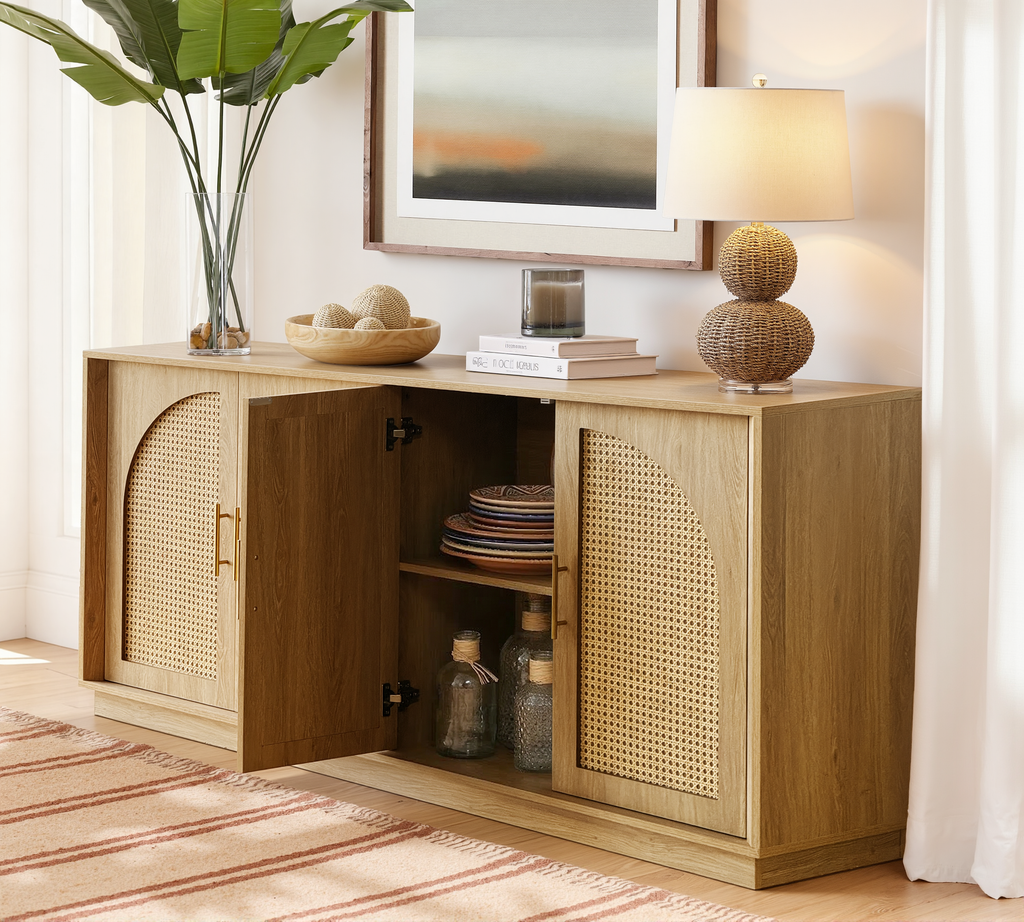 63" 4 Rattan Sideboard - Oak Natural for Dining Room & Living Room