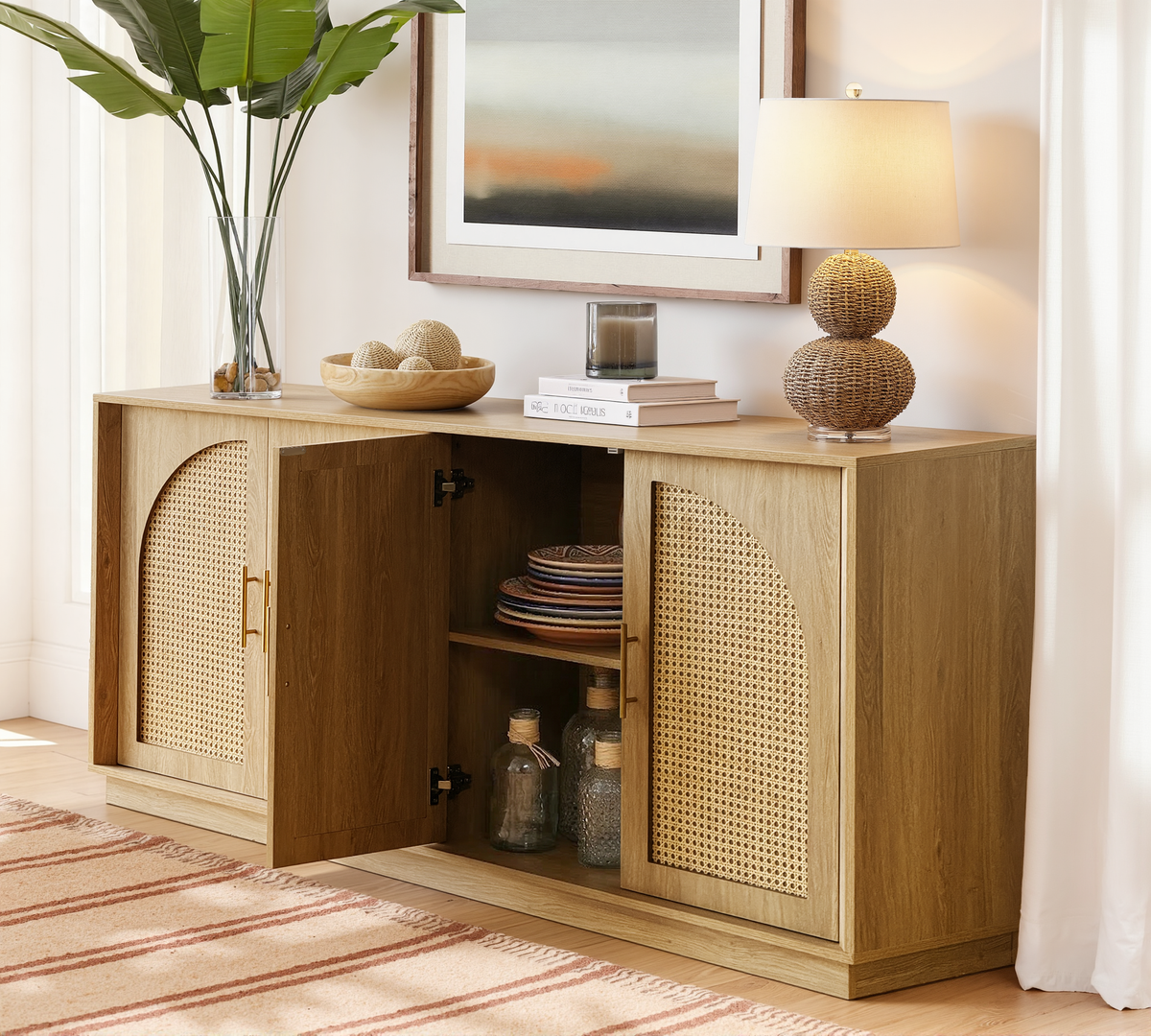 63" 4 Rattan Sideboard - Oak Natural for Dining Room & Living Room