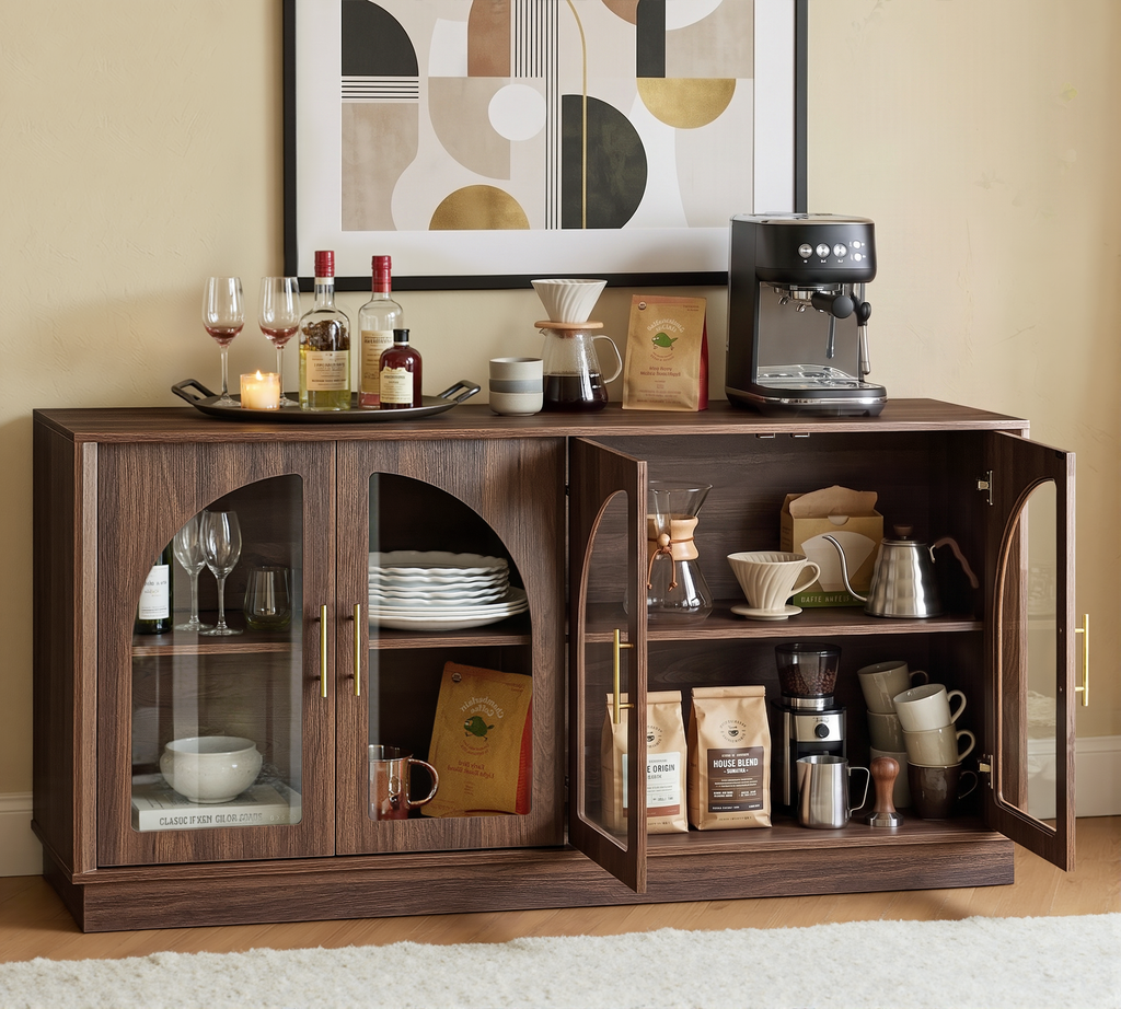 Wetalus 64.1" Sideboard Buffet Cabinet with Arched Glass Doors,1 Adjustable Divider, Walnut
