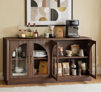 Wetalus 64.1" Sideboard Buffet Cabinet with Arched Glass Doors,1 Adjustable Divider, Walnut