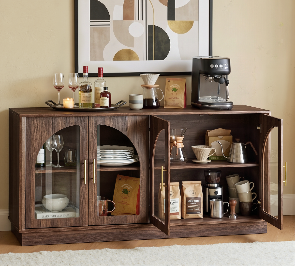 Wetalus 64.1" Sideboard Buffet Cabinet with Arched Glass Doors,1 Adjustable Divider, Walnut
