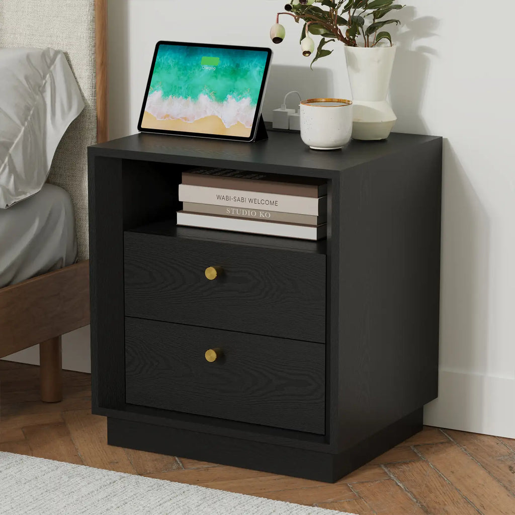 Mid-Century Modern Black Wood Nightstand with Beveled
