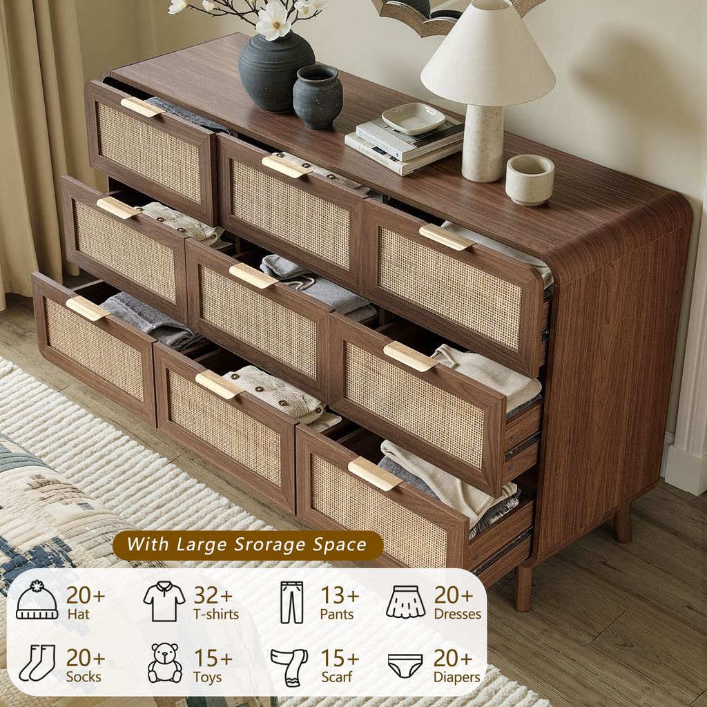 Walnut Rattan 9 Drawer dresser – Boho chic dresser