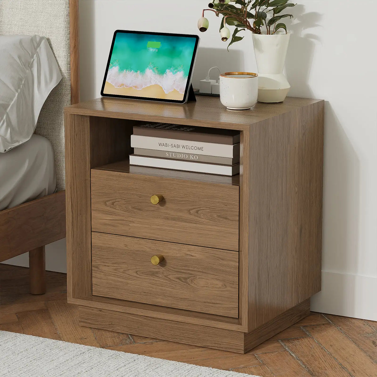 Mid-Century Modern Walnut Wood Nightstand with Beveled set 2