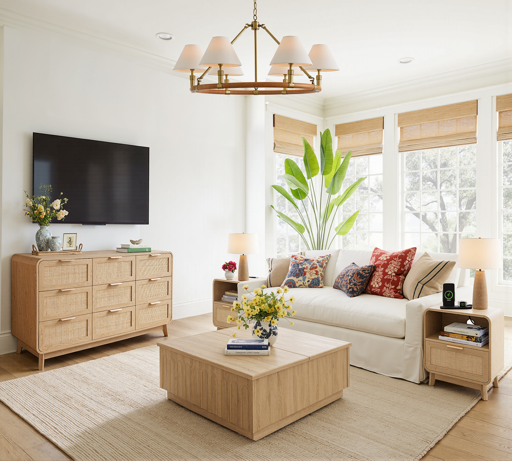 Oak Rattan Bedroom Furniture Set, 3-Piece Boho Set with 9-Drawer Dresser & Nightstands