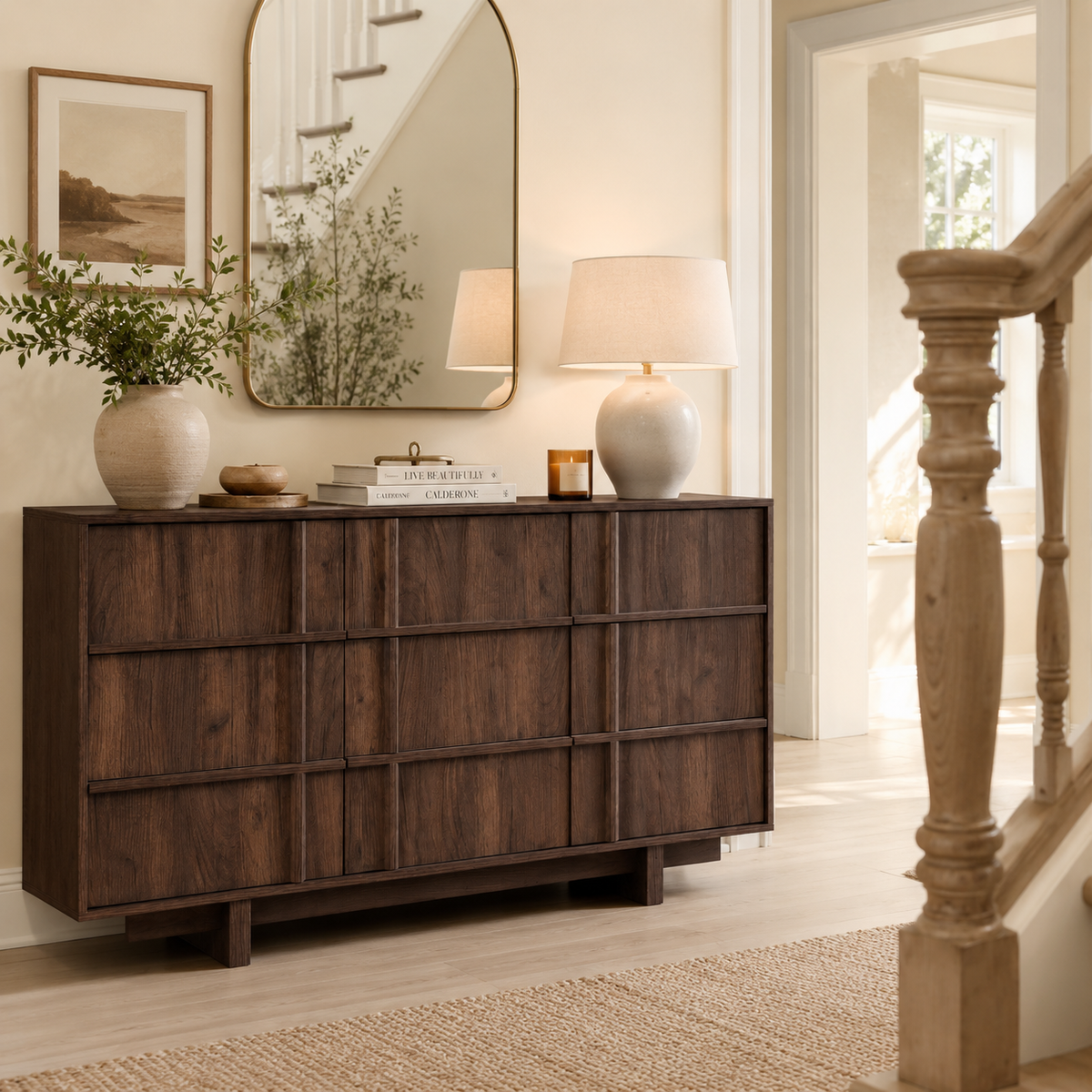 Wetalus 55.1" Mid Century Modern 9 Drawer Dresser, Skeleton Line,Walnut