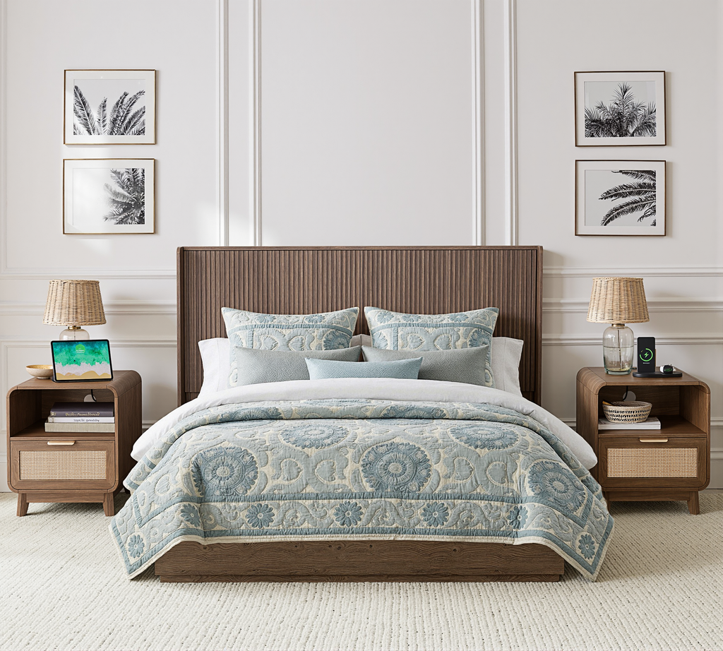 Walnut Rattan Nightstands, 2-Pack – Boho Bedside Tables with Drawer