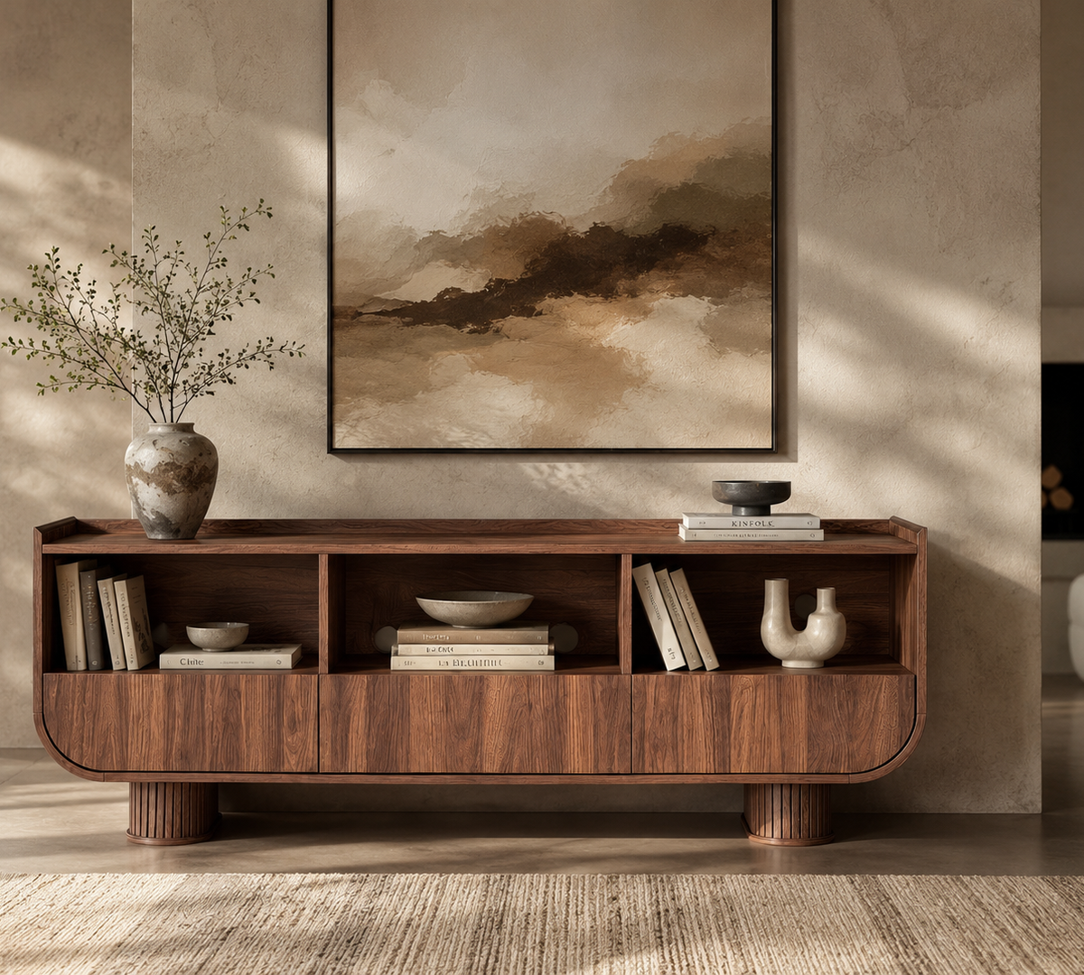Wetalus 59" TV Stand for 65" TV, 3 Drawers, U-Shaped, Fluted Base, Walnut