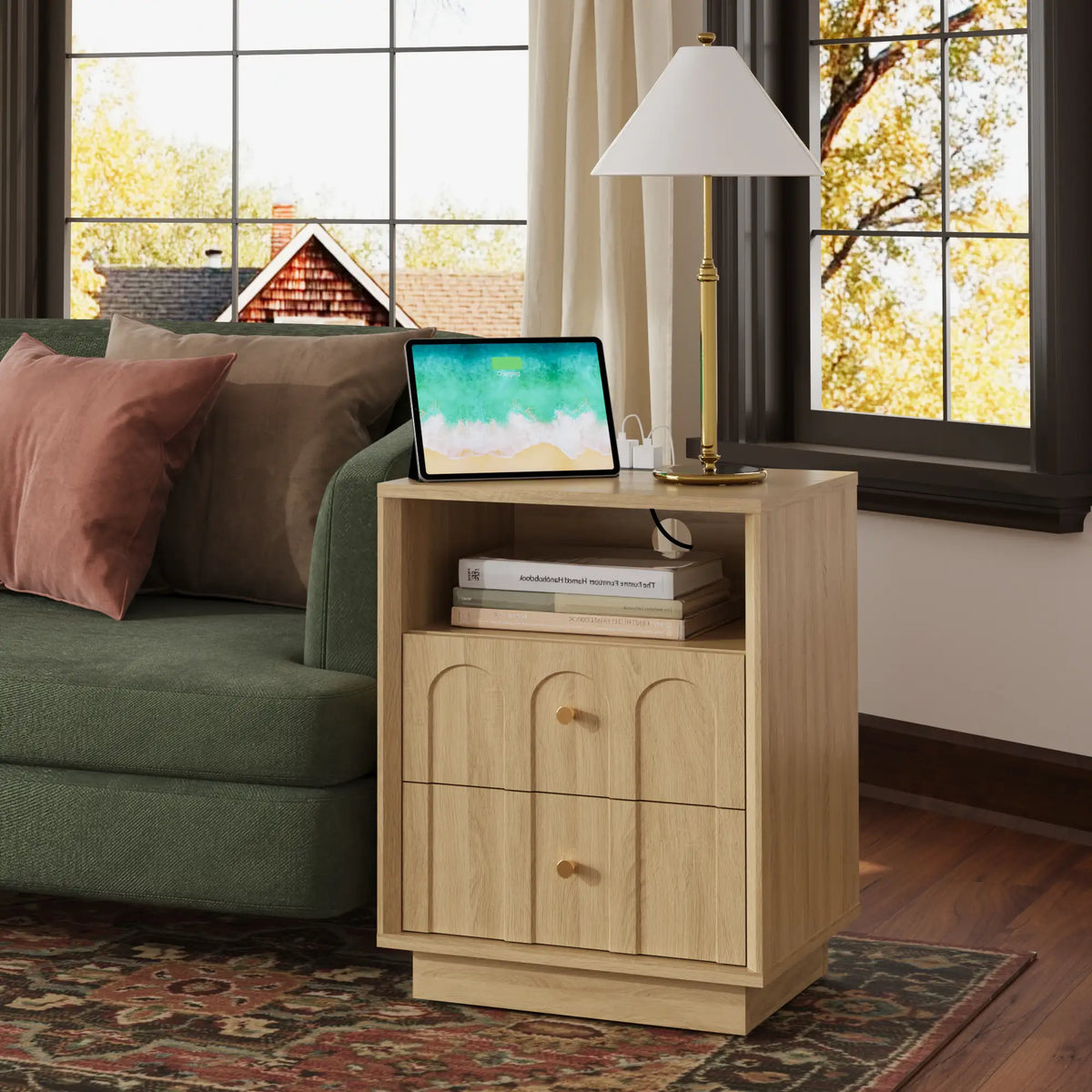 Mid-Century Oak Wood Arch Nightstand with Drawers