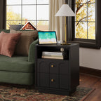 Wetalus Mid-Century Black Wood Arch Nightstand with Drawers