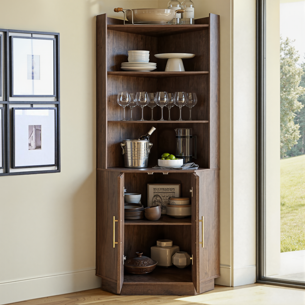 Wetalus 71" Corner Cabinet with Storage, Mid Century Modern, Arched Doors, Walnut