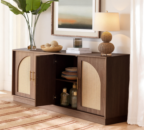 63" 4 Rattan Sideboard - Walnut Natural for Dining Room & Living Room