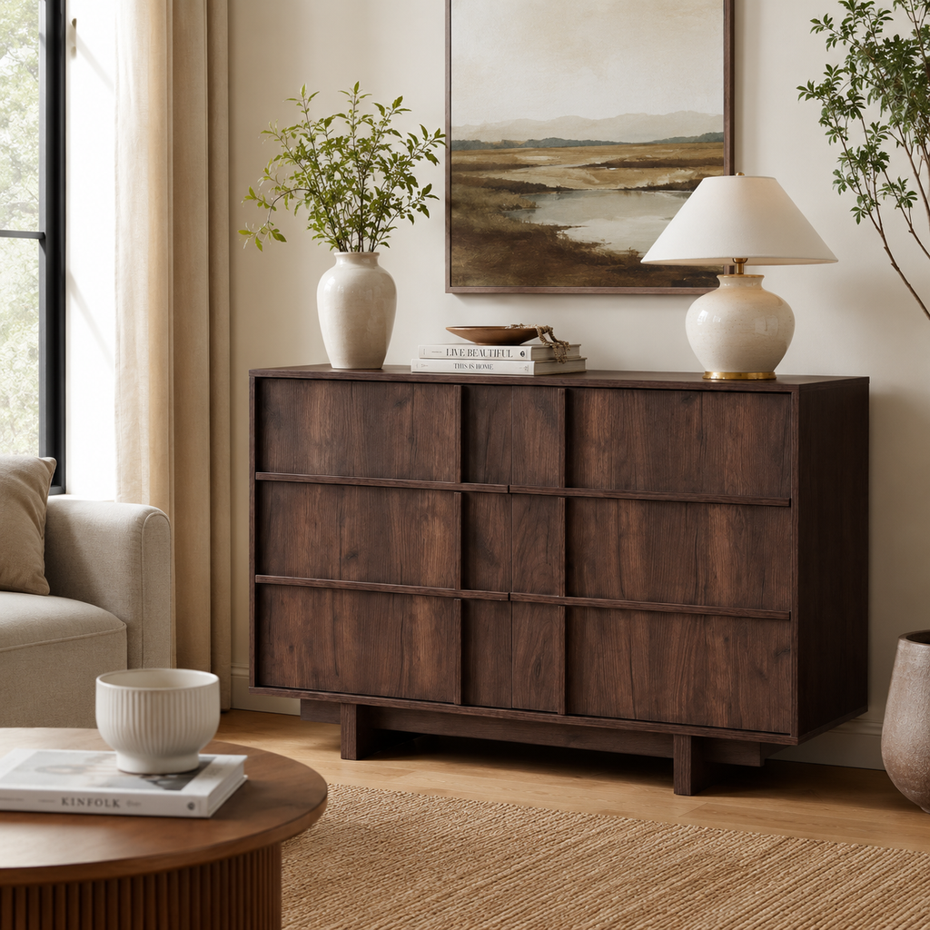 Wetalus 47" Mid Century Modern 6 Drawer Dresser, Skeleton Line, Walnut