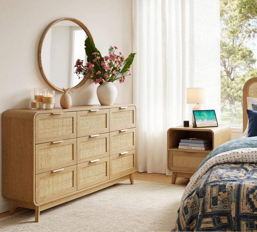 Oak Rattan Bedroom Furniture Set, 3-Piece Boho Set with 9-Drawer Dresser & Nightstands