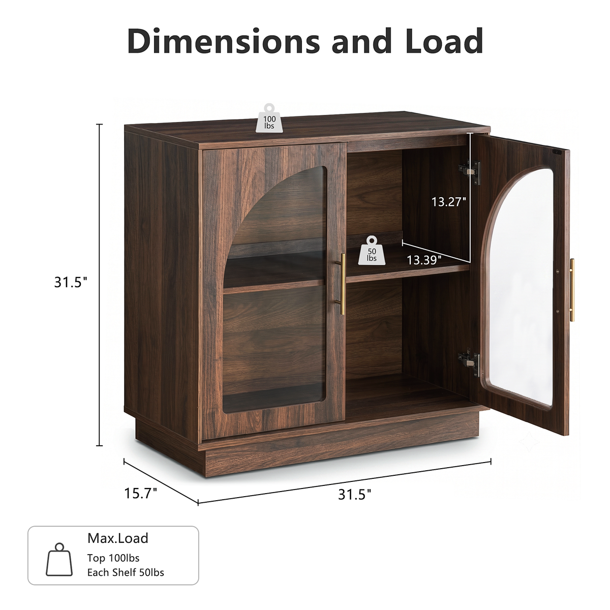Wetalus 31.5" Sideboard Buffet Cabinet with Arched Glass Doors, Adjustable Divider, Walnut