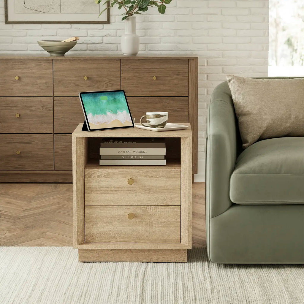 Mid-Century Modern White Oak Nightstand with Beveled