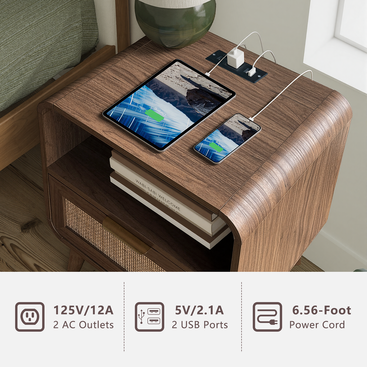 Walnut Rattan Nightstands, 2-Pack – Boho Bedside Tables with Drawer