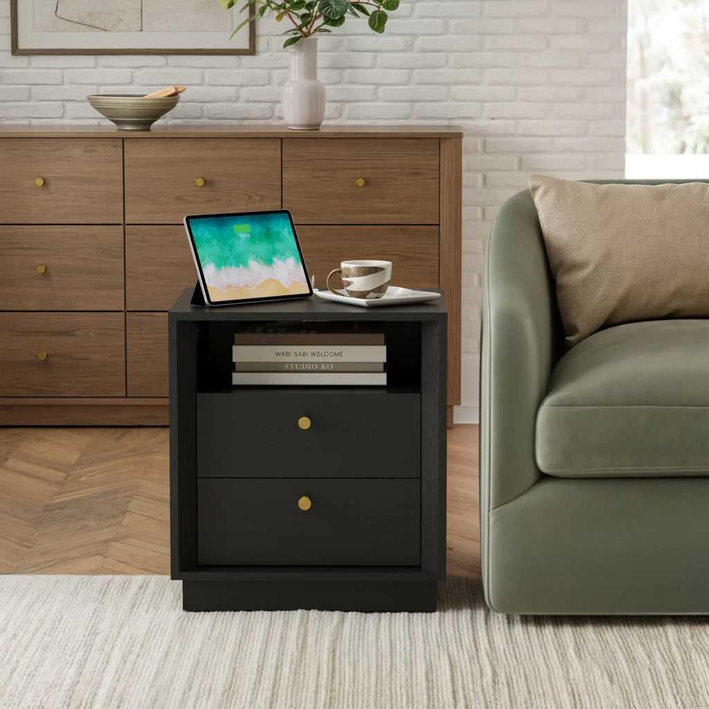 Mid-Century Modern Black Wood Nightstand with Beveled