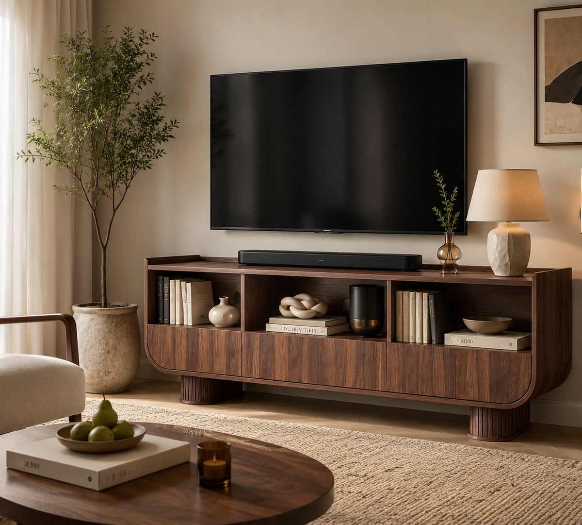 Wetalus 59" TV Stand for 65" TV, 3 Drawers, U-Shaped, Fluted Base, Walnut
