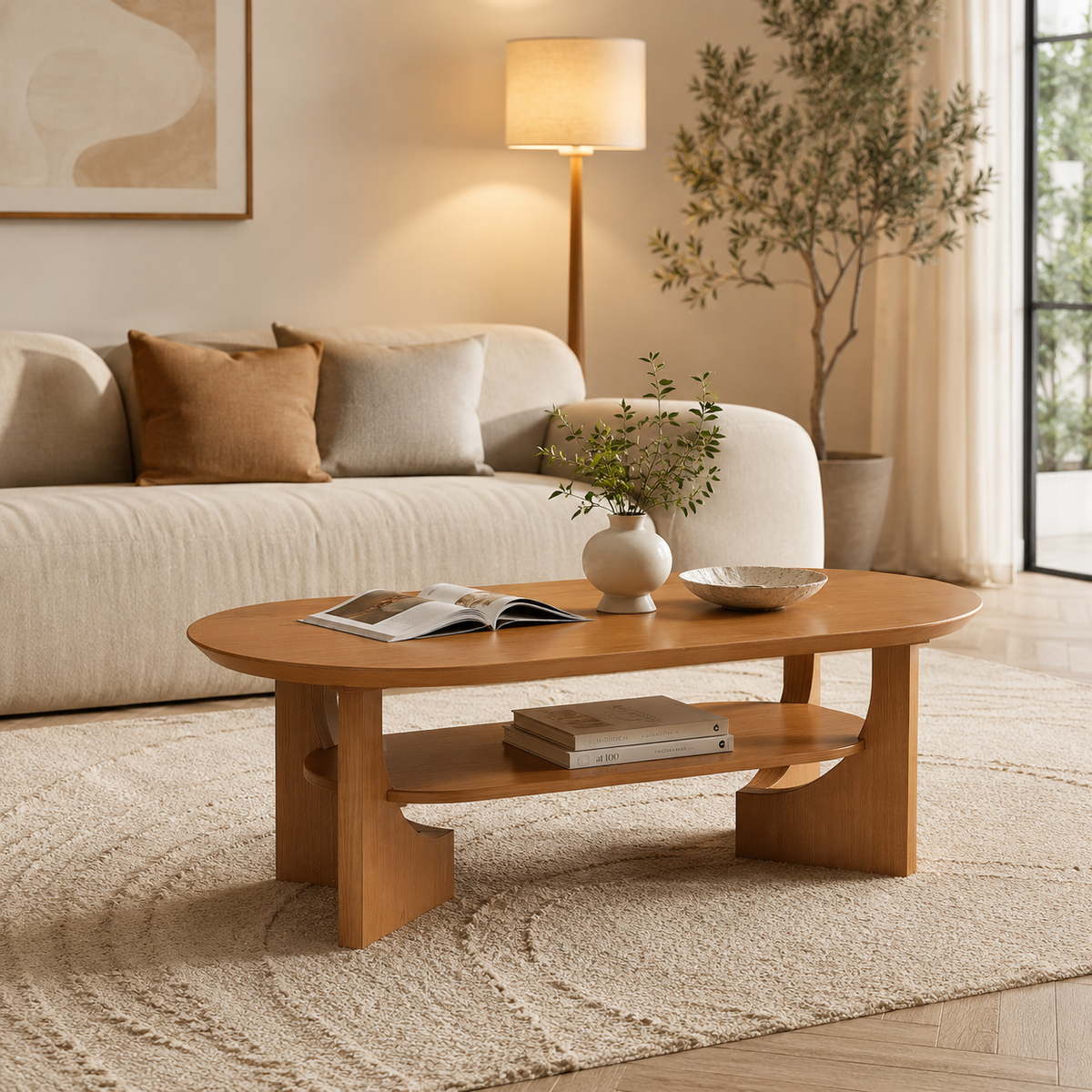 Wetalus 47" Mid Century Coffee Table Oval 2-Tier,Cherry